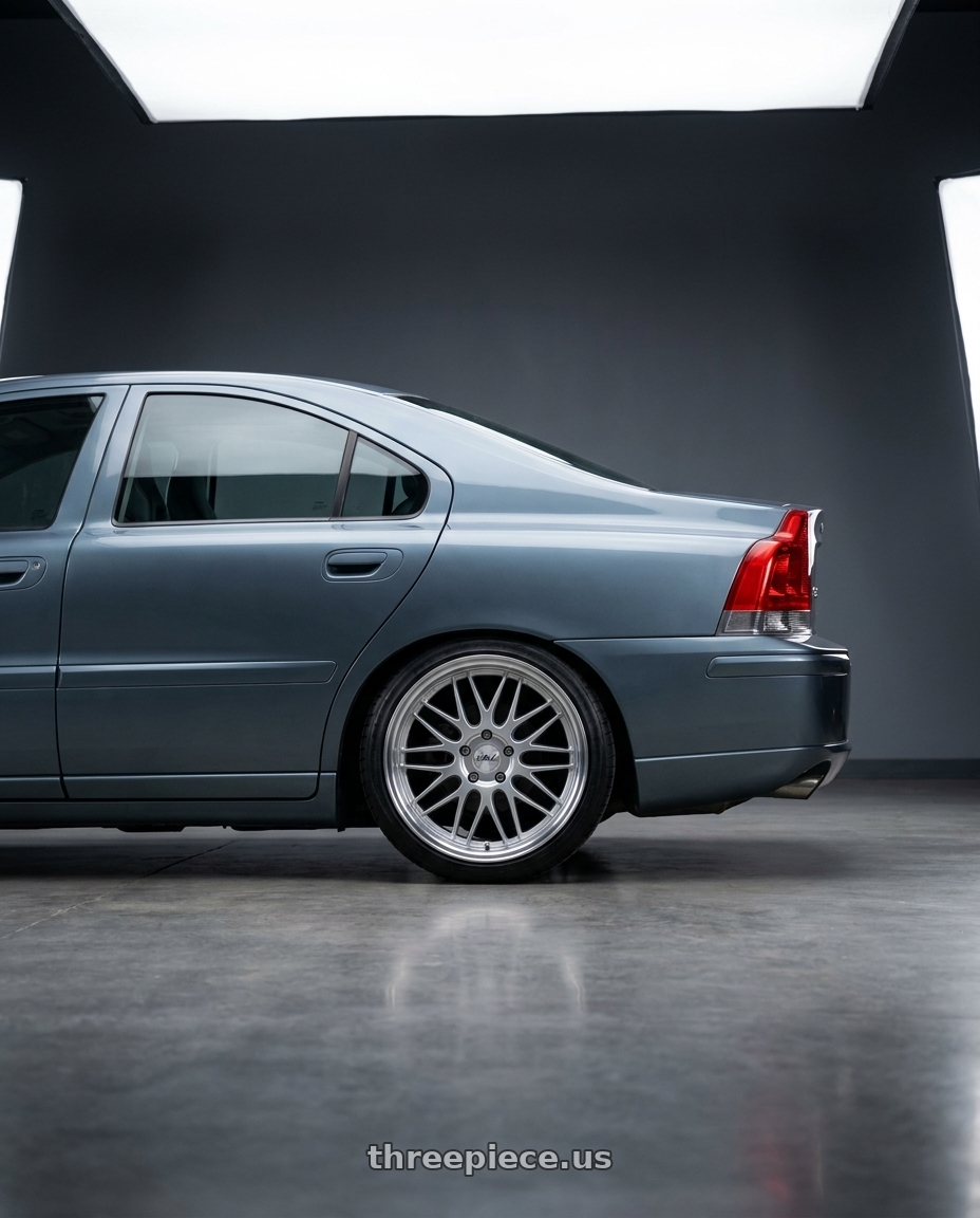 2007 volvo s60 with 1AV ZX14 5x108 18x8.5 +38 Silver wheels rear three quarter view slight stretch tires