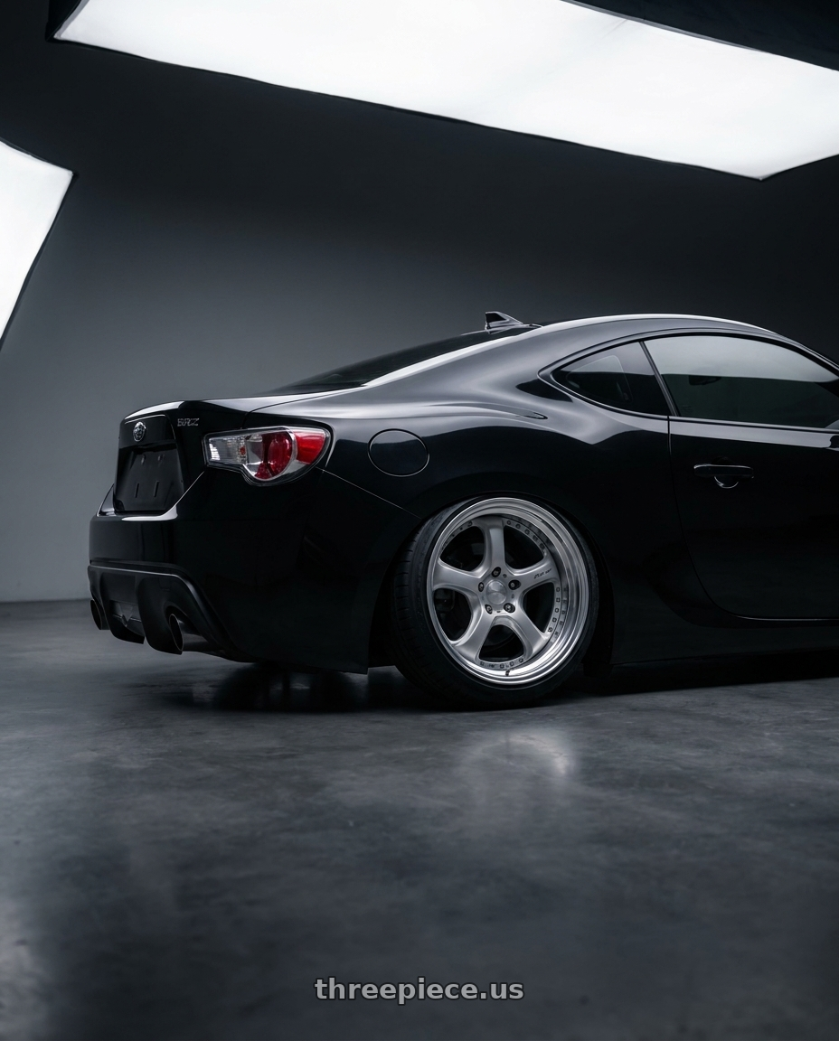 2015 subaru BRZ premium black with Work Wheels VS-KF 5x100 18x8.5+40 Light Grey Silver O Disk FULL REVERSE wheels rear three quarter view slight stretch tires