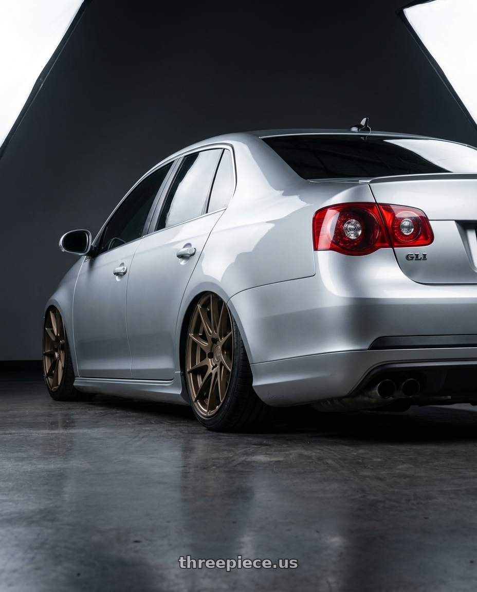 2009 Volkswagen Jetta GLI MK5 with Aodhan AH09 5x112 18x8.5 +35 Matte Bronze wheels rear three quarter view slight stretch tires