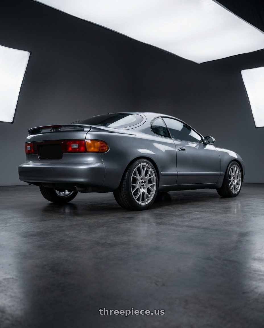 1990 toyota celica  with BBS CH-R 5x112 18x8.5 +38 Brilliant Silver Polished Rim Protector wheels rear three quarter view square tires