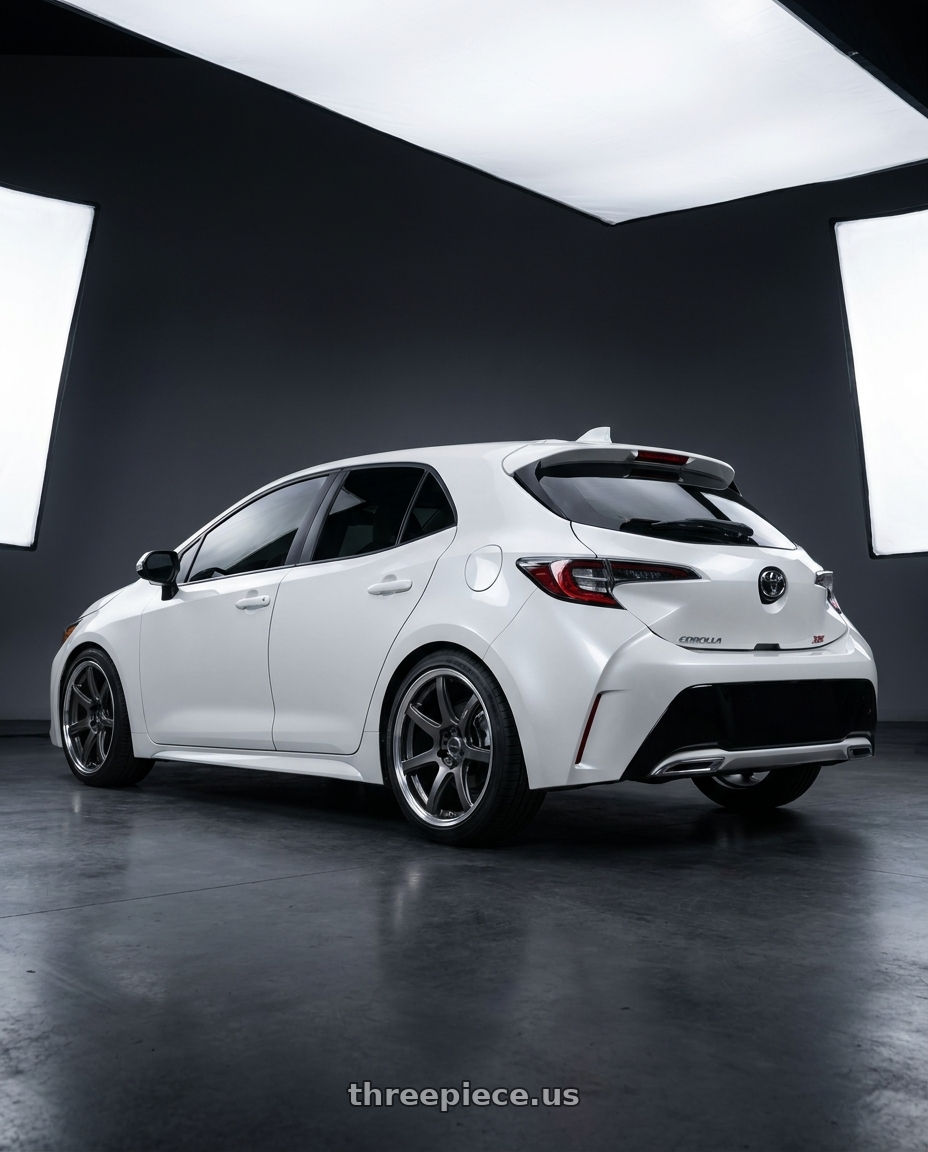 2026 Toyota Corolla Hatchback XSE Windchill Pearl White with Work Emotion T7R 2P wheels rear three quarter view square tires