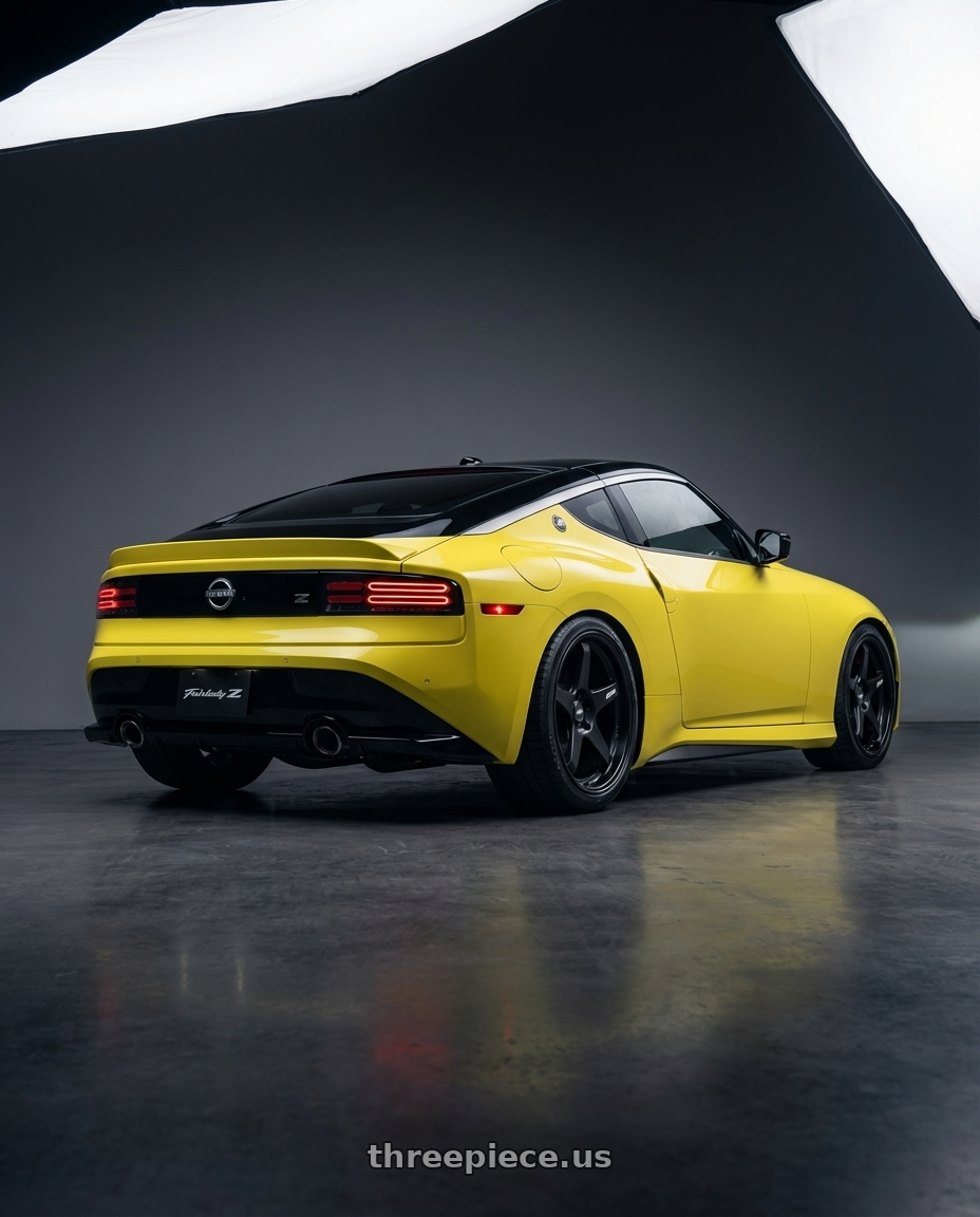 2024 Nissan Z with ESR Wheels APEX SERIES AP5 5x114.3 19x9.5 +22 Matte Black wheels rear three quarter view square tires