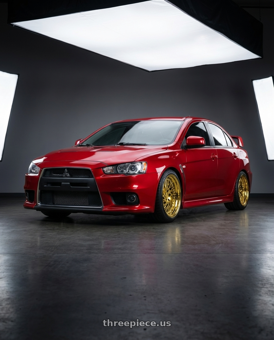 2012 Mitsubishi Lancer Evo X with Aodhan DS03 5x114.3 18x9.5 +30 Gold Vacuum w/ Chrome Rivets wheels front three quarter view lowered stance