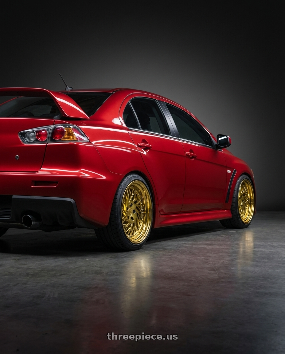 2012 Mitsubishi Lancer Evo X with Aodhan DS03 5x114.3 18x9.5 +30 Gold Vacuum w/ Chrome Rivets wheels rear three quarter view square tires