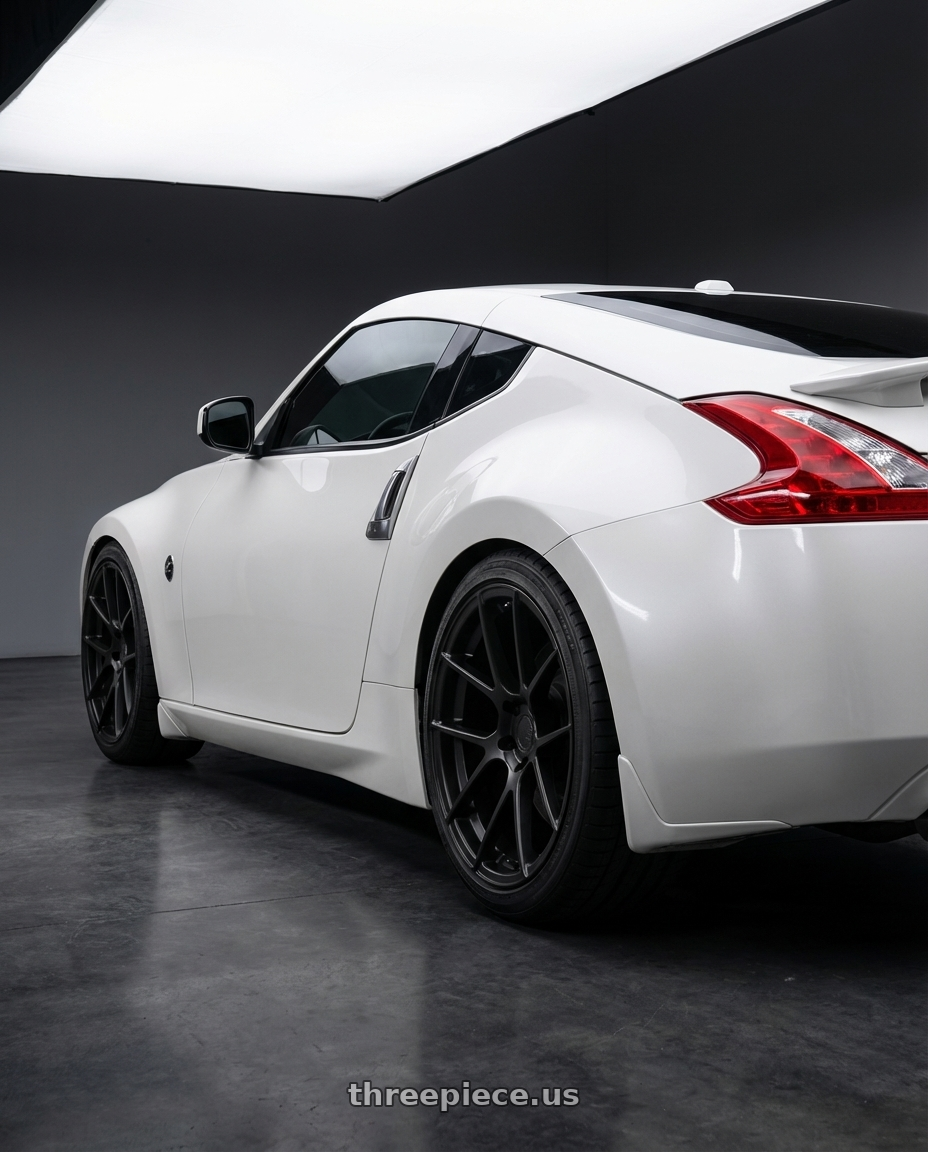 2019 Nissan 370Z with Avant Garde Wheels M510 5X114.3 19x9.5 +40 Matte Black wheels rear three quarter view square tires