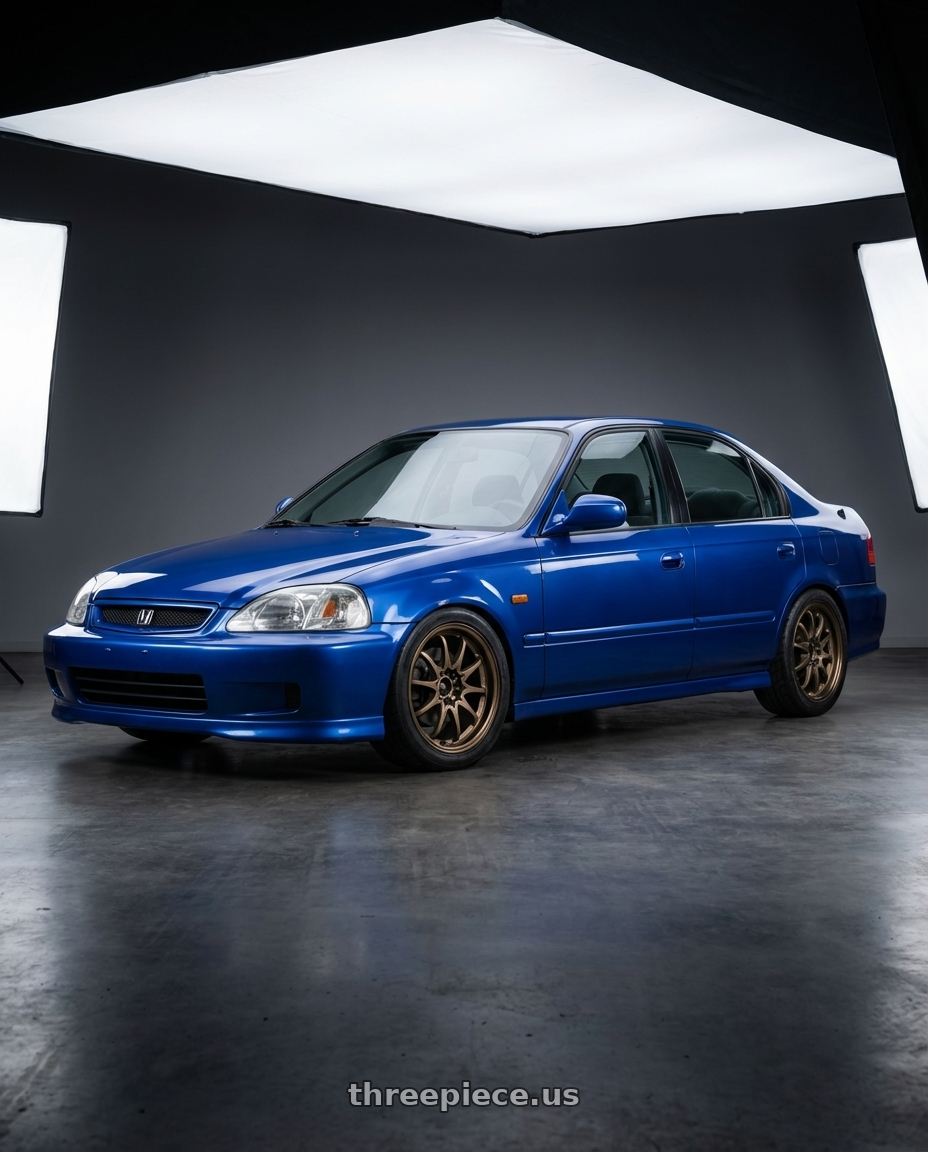 1999 Honda Civic Sedan VTi with Volk Racing CE28N 5x114.3 18x8.5 +30 BRONZE wheels front three quarter view lowered stance