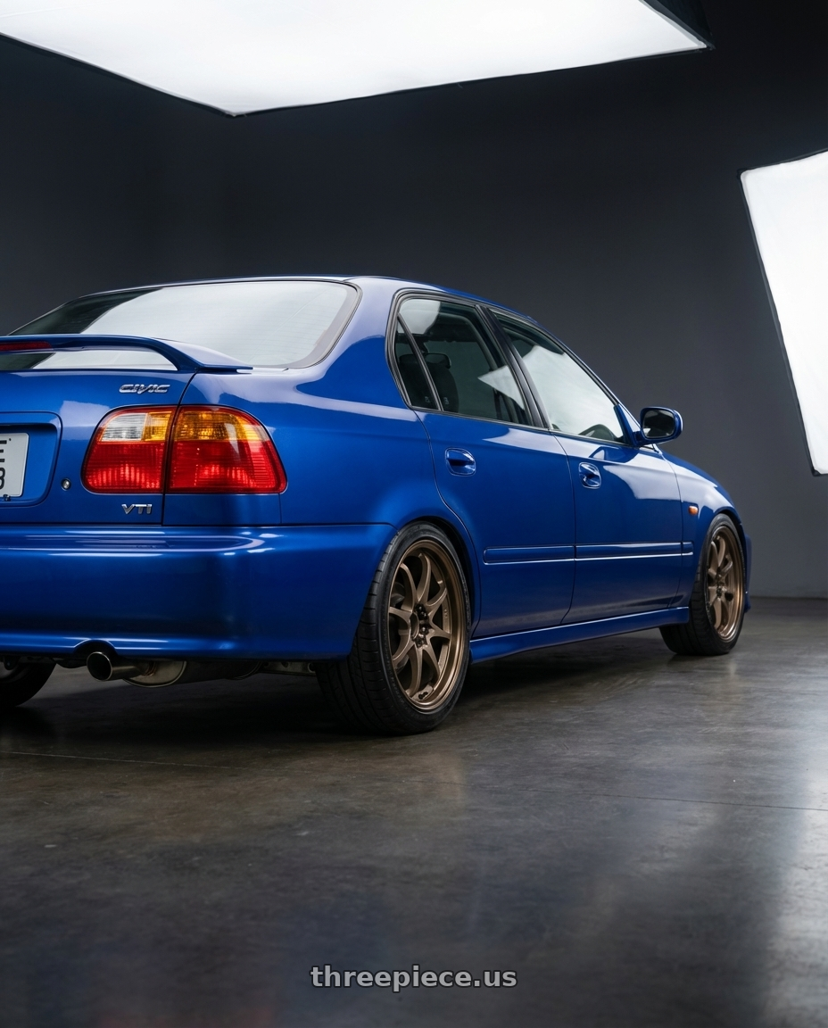 1999 Honda Civic Sedan VTi with Volk Racing CE28N 5x114.3 18x8.5 +30 BRONZE wheels rear three quarter view square tires