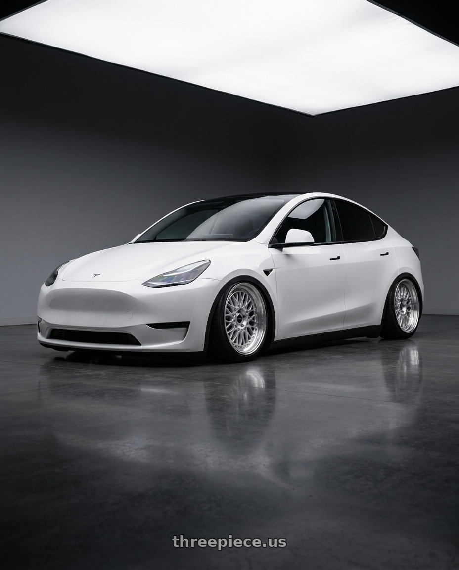 2025 Model y white with ARC AR1 5x114.3 17x8.5  +35 Silver Machine Face Lip Chrome Rivet wheels