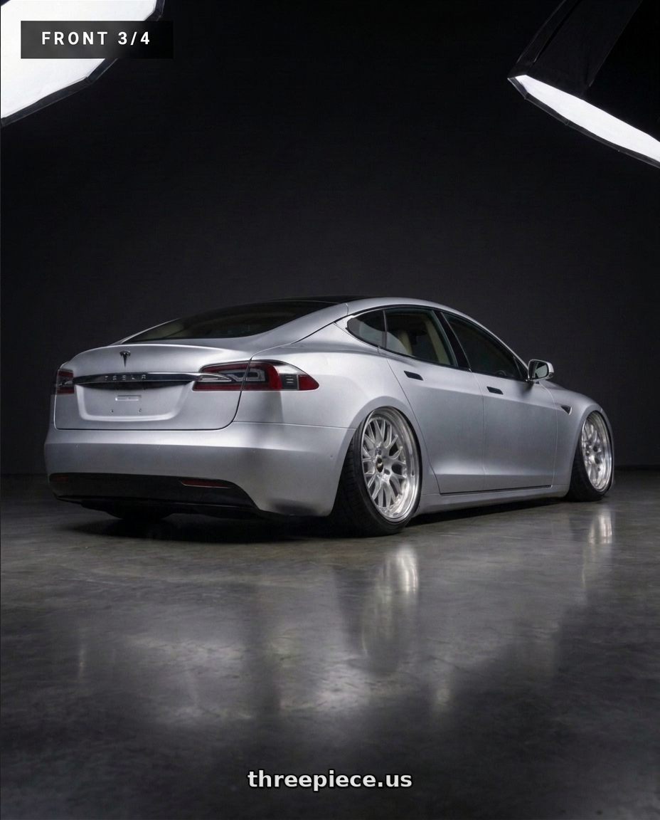 2018 tesla model s with BBS CI-R 5x120 20x8.5 +32 Platinum Silver Polished Rim Protector wheels rear three quarter view extreme stretch tires