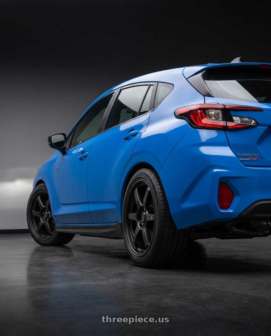 2024 Subaru Impreza RS with Konig 30B Backbone 5x114.3 18x8 +45 Matte Black wheels rear three quarter view square tires
