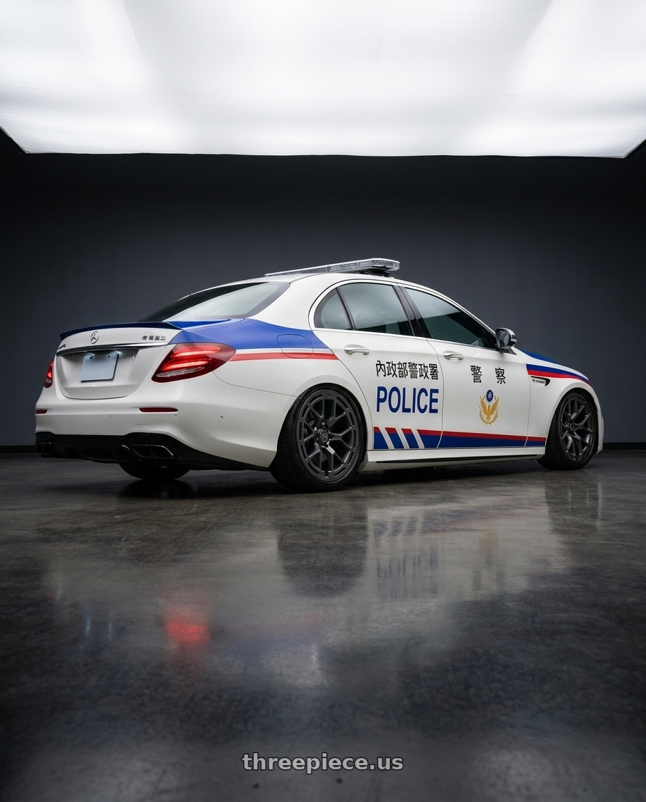 2019 Mercedes amg e63taiwanese police car with RTR 950SC Tech 6 Ranger/Bronco 6x139.7 18x9 +0 Satin Charcoal wheels rear three quarter view slight stretch tires
