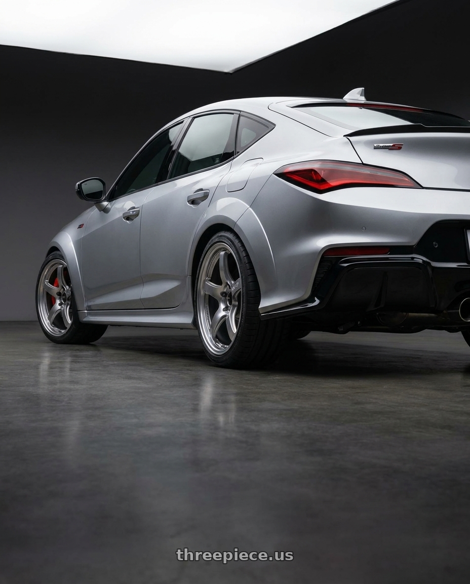 2024 Acura Integra Type S with Gram Lights 57CR 5x112 19x9.5 +25 GRACE SILVER wheels rear three quarter view square tires