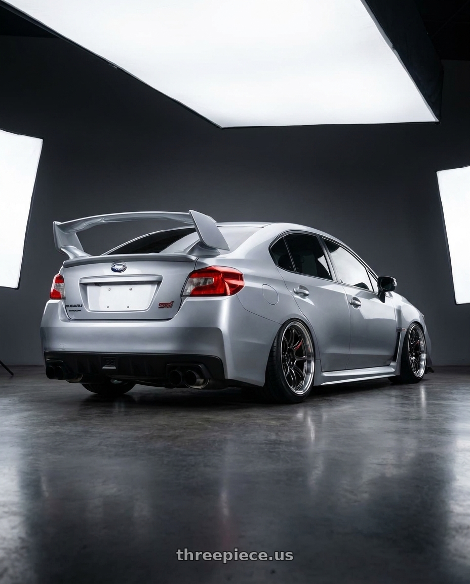 2021 Subaru wrx sti silver  with Work Emotion Zr10 5x114.3 18x9.5 +38 Glim Black Diamond Rim cut wheels rear three quarter view extreme stretch tires