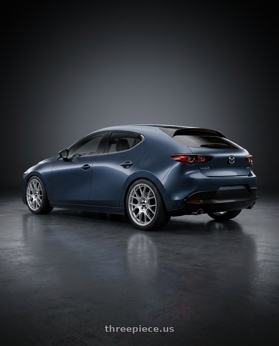 2019 mazda3 BP with BBS CH-R 5x112 19x9.5 +35 Brilliant Silver Polished Rim Protector wheels rear three quarter view slight stretch tires