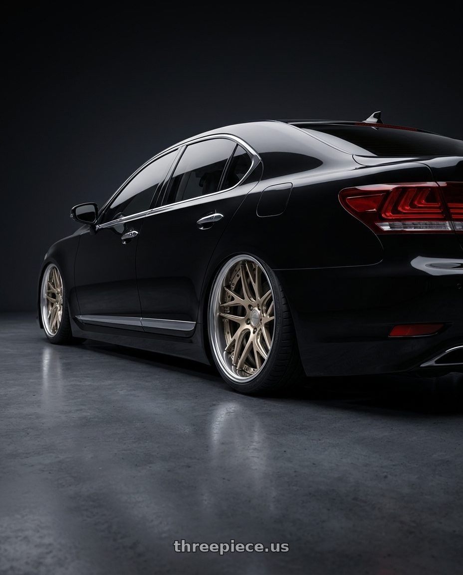 2014 Lexus LS460 with Work Gnosis Cvx 5x120 20x9+30 H Disk Buff Finish wheels rear three quarter view slight stretch tires