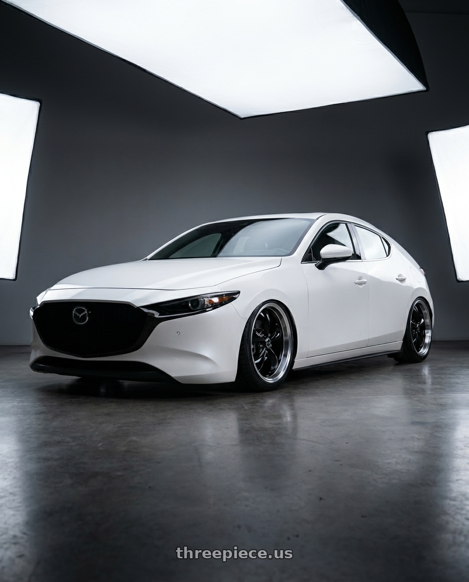 2023 Mazda 3 hatchback white with American Racing AR105 TORQ THRUST M 5X114.3 18X8 0 GLOSS BLACK W/ MACHINED LIP wheels