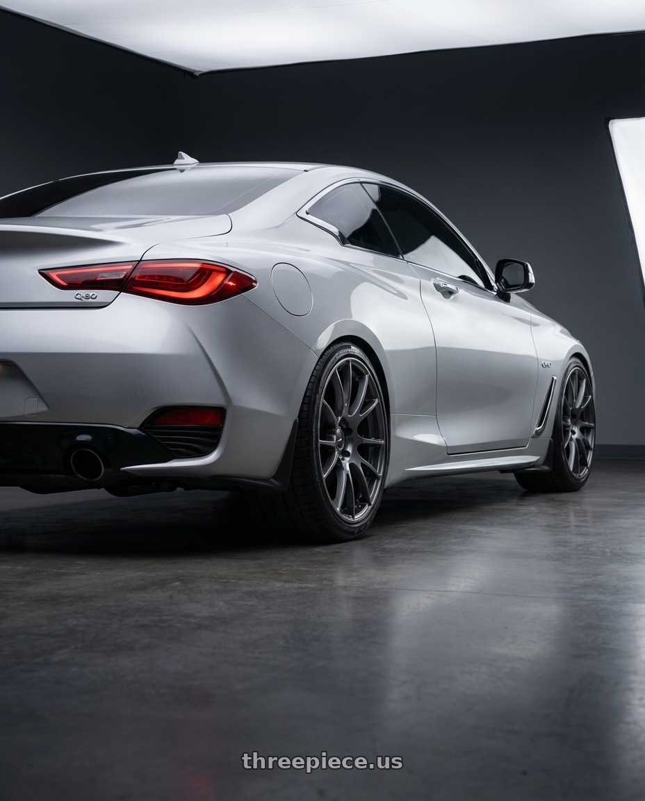 2020 Infiniti Q60 with Ssr Gtv04 5x114.3 19×8.5x8.5+45  METALLIC GRAY wheels rear three quarter view square tires