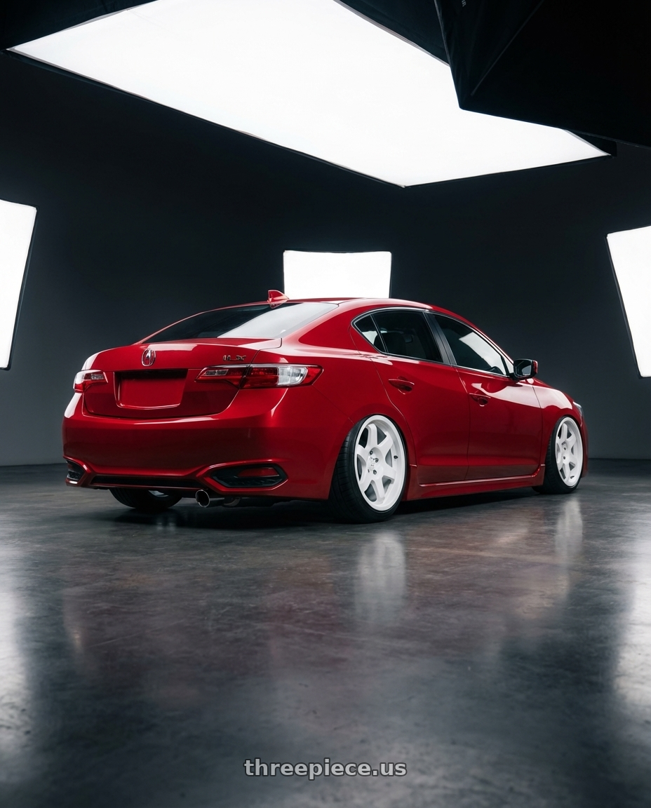 2012 Acura ILX with fifteen52 CHICANE 5x114.3 / 5x100 18x8.5 +35 RALLY WHITE (GLOSS WHITE) wheels rear three quarter view slight stretch tires