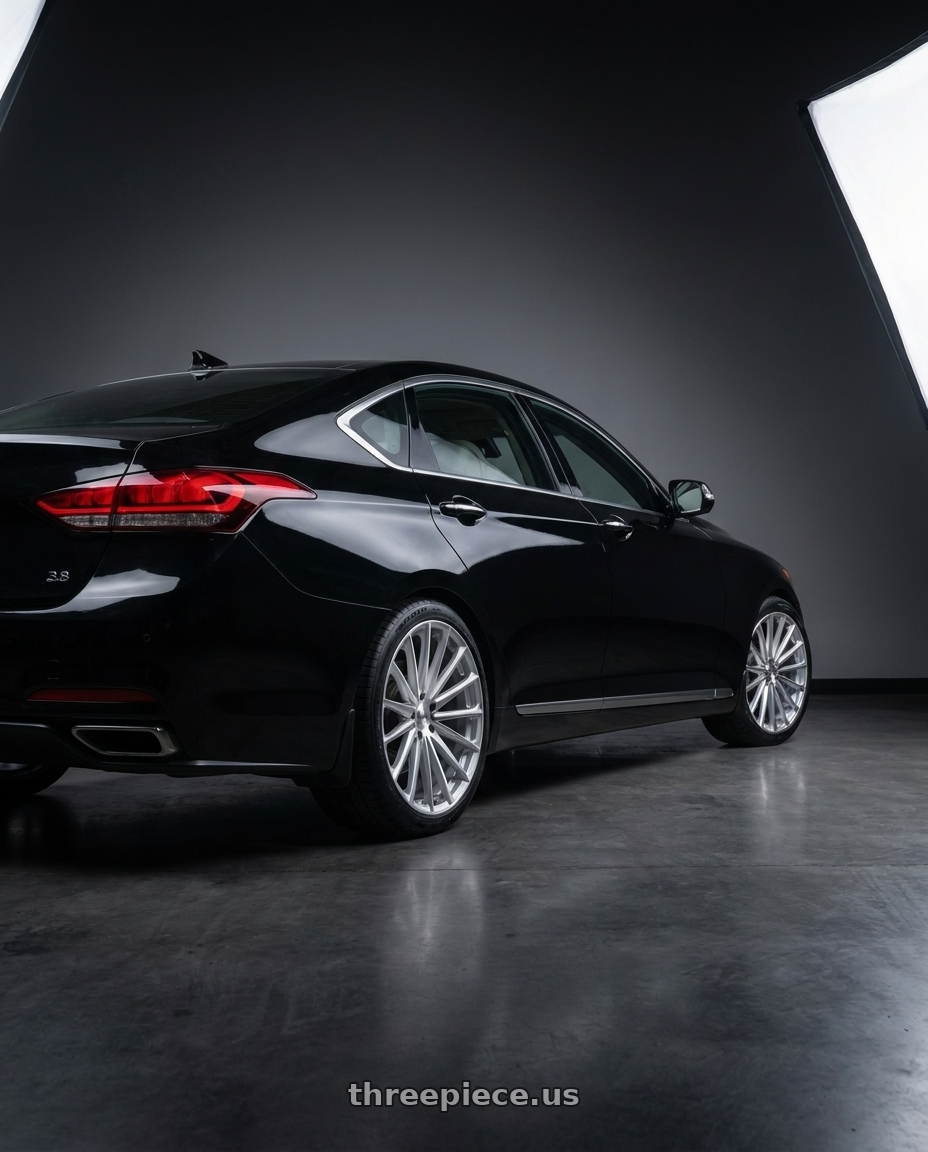 2016 Hyundai Genesis 3 8 with OHM PROTON 5X114.3 19X8.5 +30 SILVER W/ MIRROR FACE wheels rear three quarter view square tires