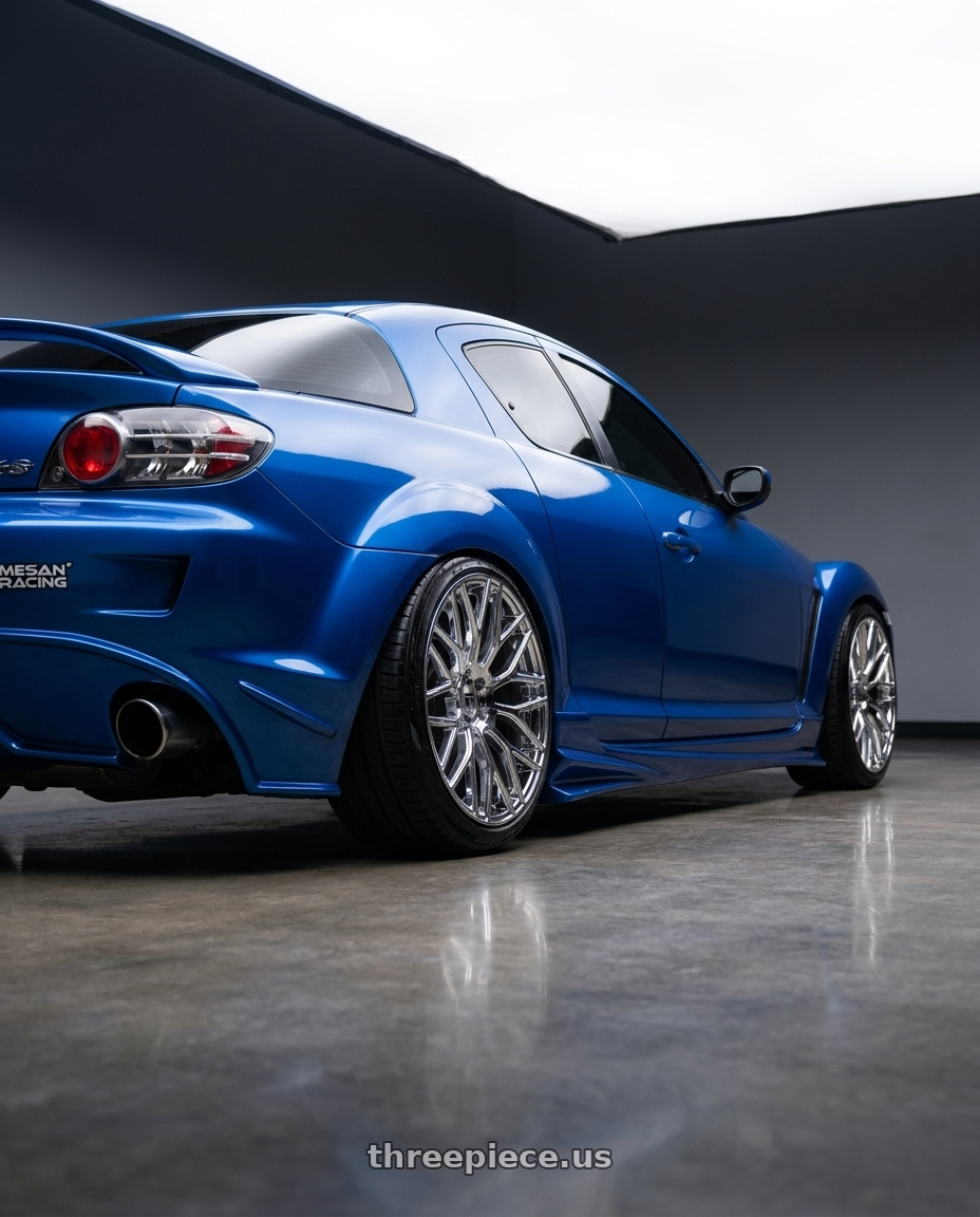 2004 mazda rx8 with TOUREN TR76 3276 5x114.3 18x8 +35 CHROME wheels rear three quarter view extreme stretch tires