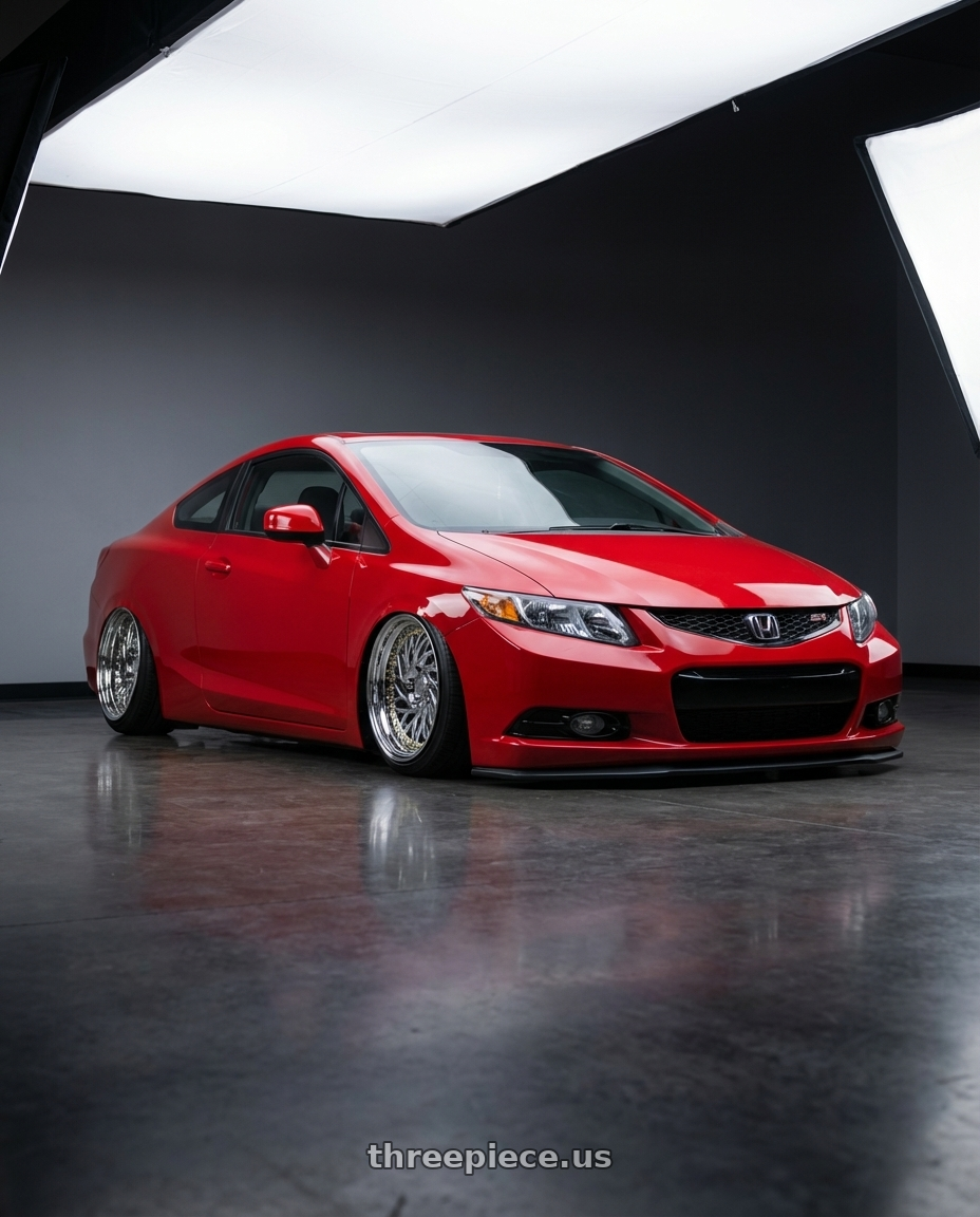 2015 Honda Civic Si with Aodhan DS03 5x114.3 18x9.5 +30 Vacuum Chrome w/Gold Rivets wheels front three quarter view stanced stance