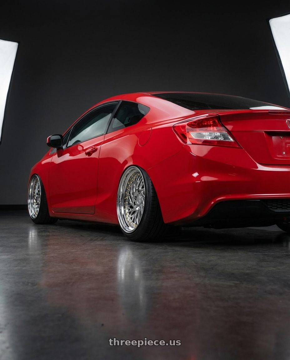 2015 Honda Civic Si with Aodhan DS03 5x114.3 18x9.5 +30 Vacuum Chrome w/Gold Rivets wheels rear three quarter view slight stretch tires