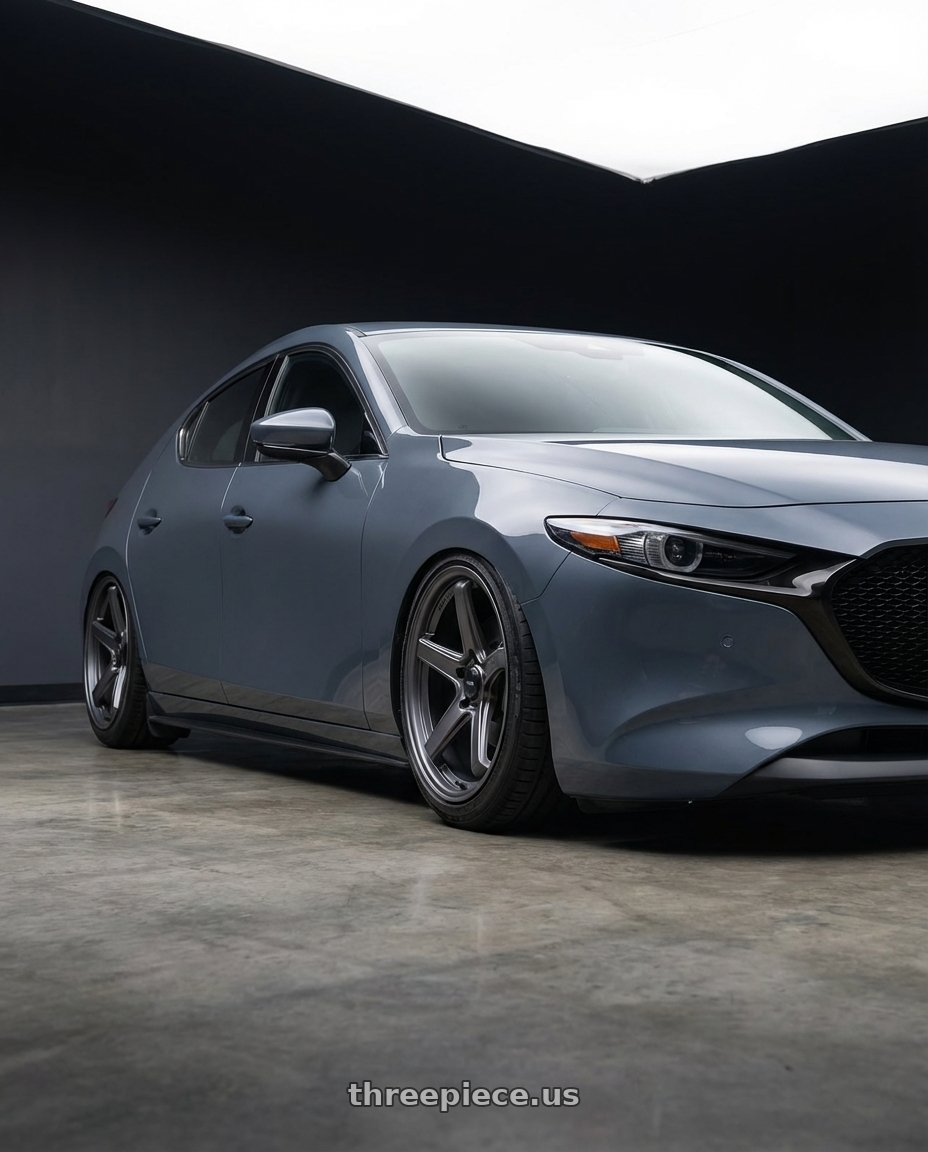 2023 Mazda Mazda3 Turbo with Konig Neoform 5X114.3 18x9.5+25 Matte Grey wheels front three quarter view stanced stance