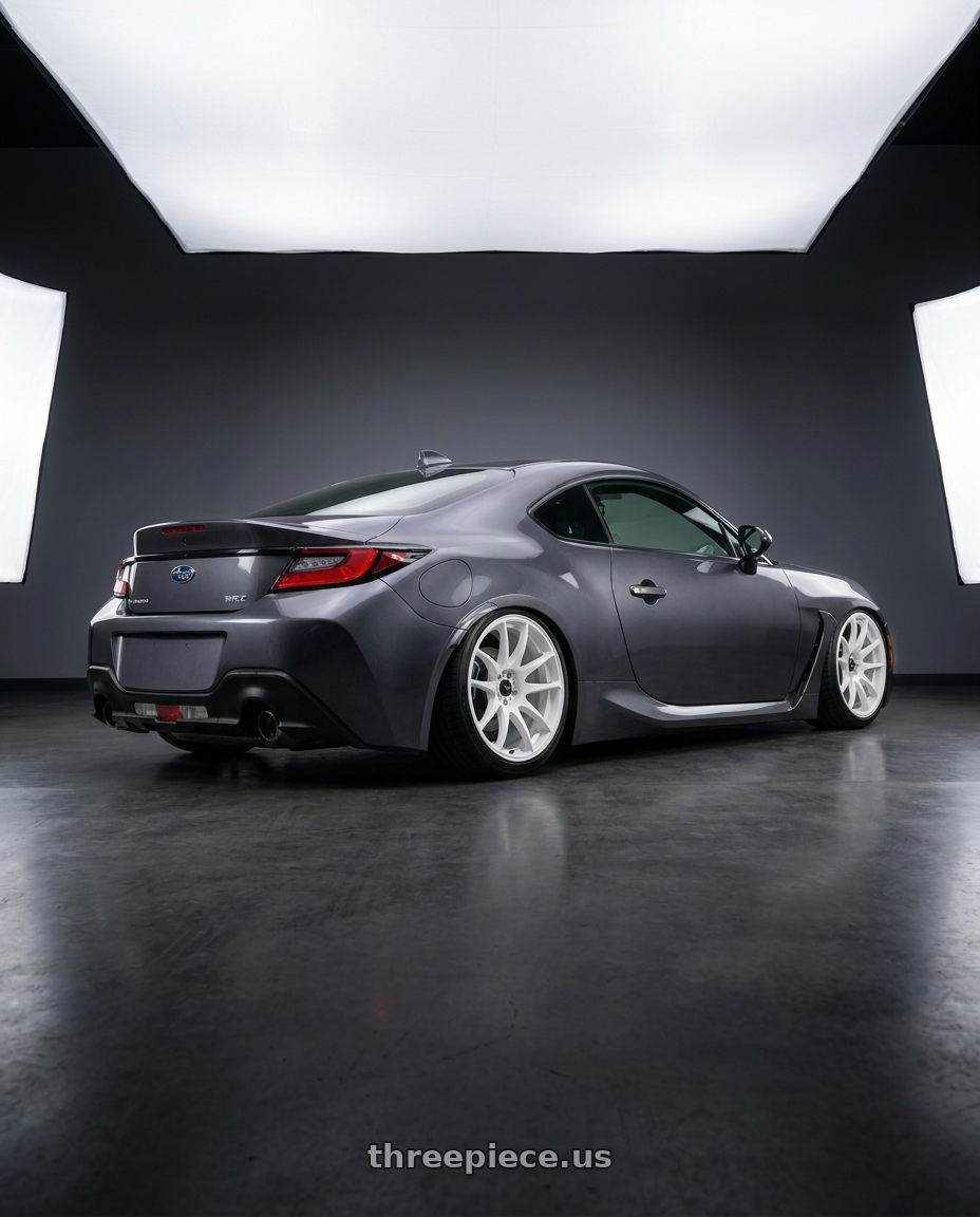 2022 Subaru brz with Vors TR4 5x100 18x8.5  +35 White wheels rear three quarter view slight stretch tires