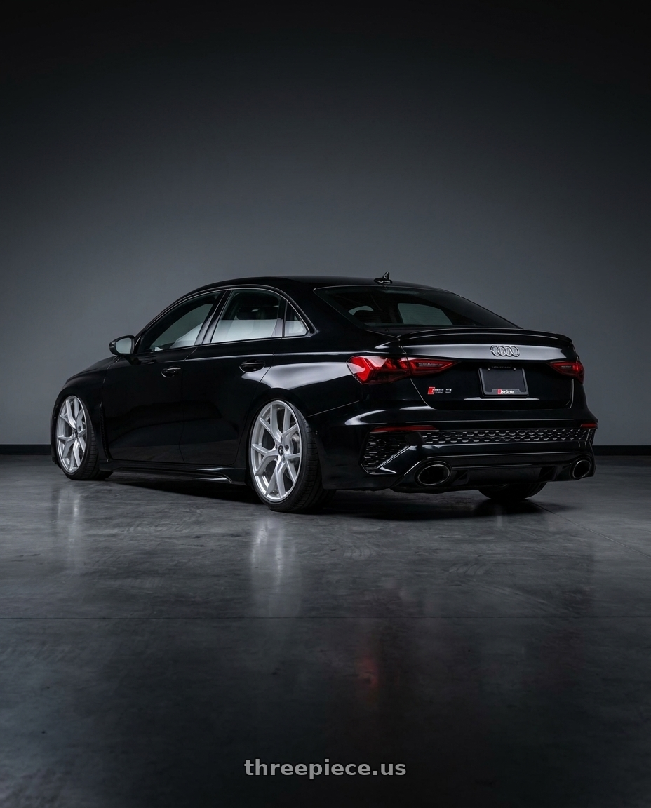 2022 Audi RS3 8Y with Aodhan AFF2 5x112 19x9.5+35 Gloss Silver Machined Face wheels rear three quarter view slight stretch tires
