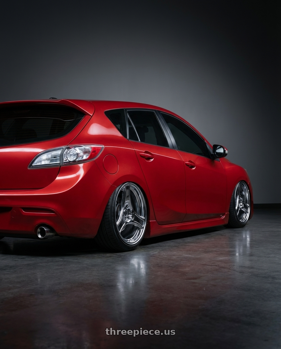 2010 Mazda 3 GT Sport with HERITAGE WHEEL BUSHIDO MONOC 5x114.3 18x9.5 +38 CHROME wheels rear three quarter view square tires