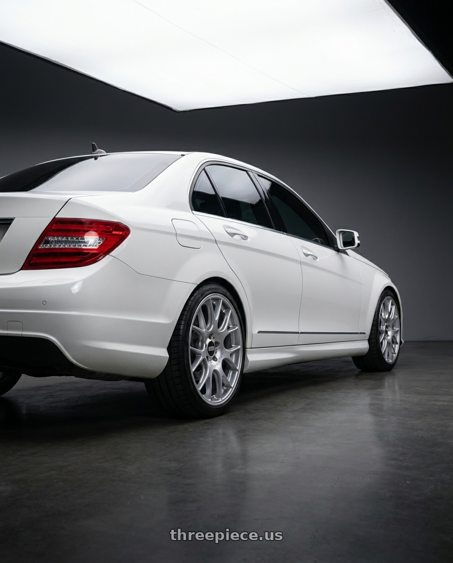 2013 w204 c250 with BBS CH-R 5x130 19x8.5 +51 Brilliant Silver Polished Rim Protector wheels rear three quarter view square tires