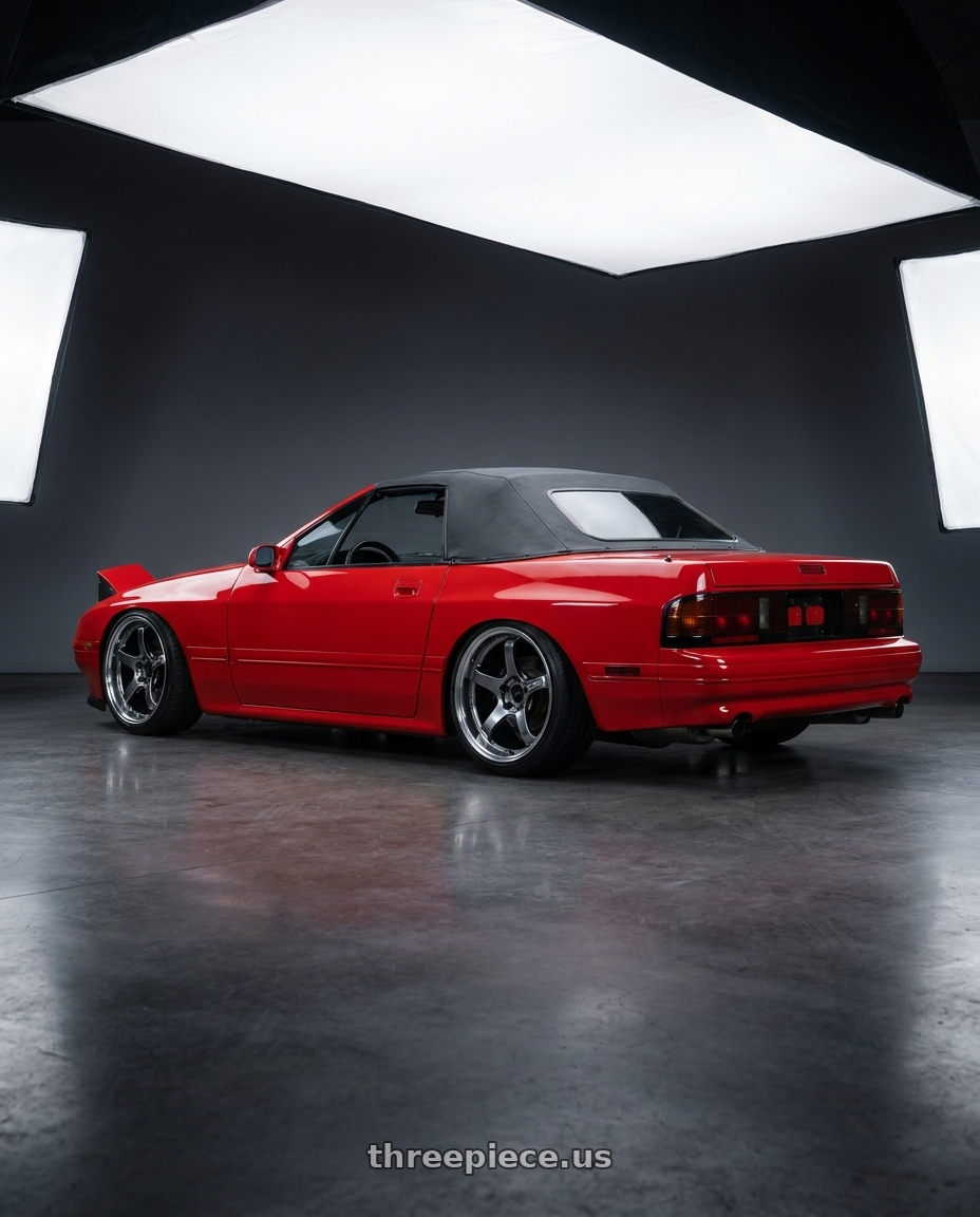 1988 RX-7 FC with Advan Racing GT BEYOND 5x114.3 17x7.5 +48 MACHINING & HYPER PLATINUM BLACK wheels rear three quarter view square tires