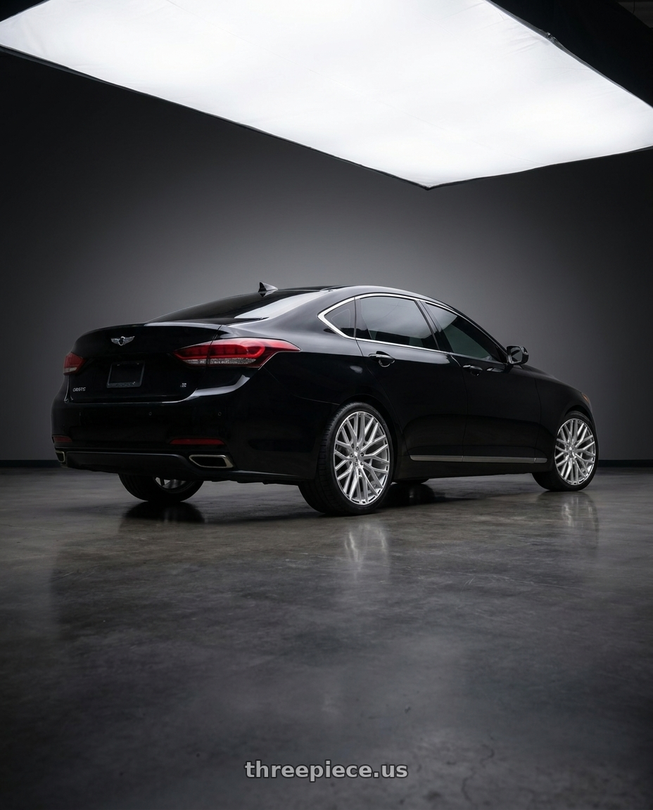 2016 Hyundai Genesis 3 8 with Asanti Black ABL-21 LEO 5X114.3 20X9 +35 BRUSHED SILVER wheels rear three quarter view square tires