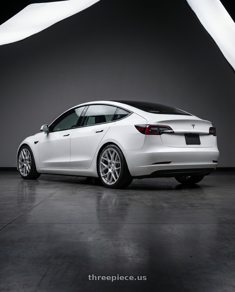 2023 Tesla Model 3 with Aodhan AFF2 5x114.3 19x8.5+35 Gloss Silver Machined Face wheels rear three quarter view square tires