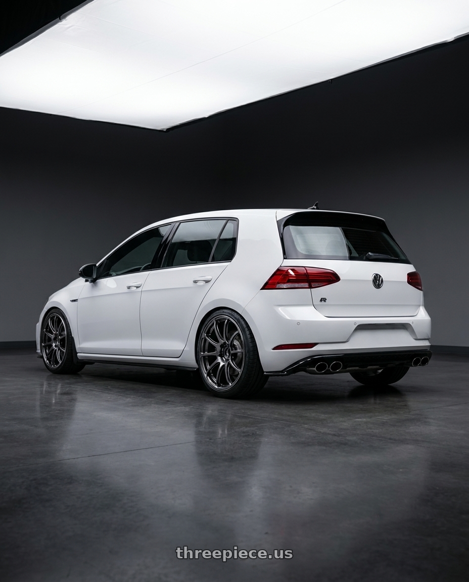 2019 Volkswagen Golf R 7 with Advan Racing RSIII 5x112 18x8.5 +45 RACING HYPER BLACK & RING wheels rear three quarter view slight stretch tires