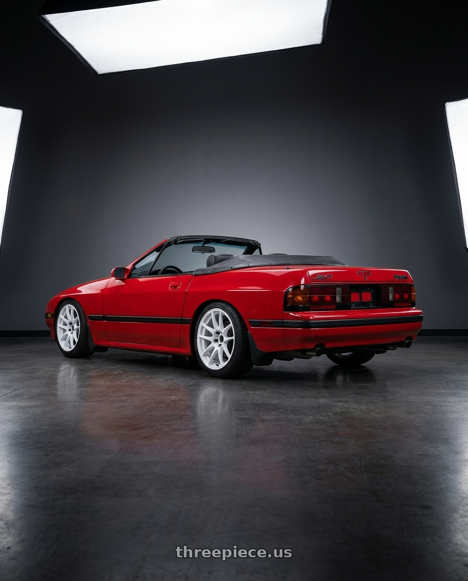 1988 RX-7 FC with WORK Emotion CR Shigoku 5x114.3 17x7.5 +47 Ice White ICW wheels rear three quarter view square tires
