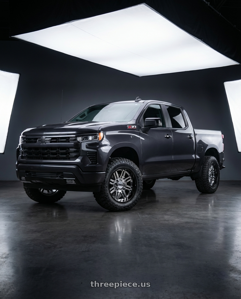 2023 Chevrolet Silverado 1500 with Moto Metal MO202 6X139.7 20X10 -18 CHROME CENTER GLOSS BLACK MILLED LIP wheels