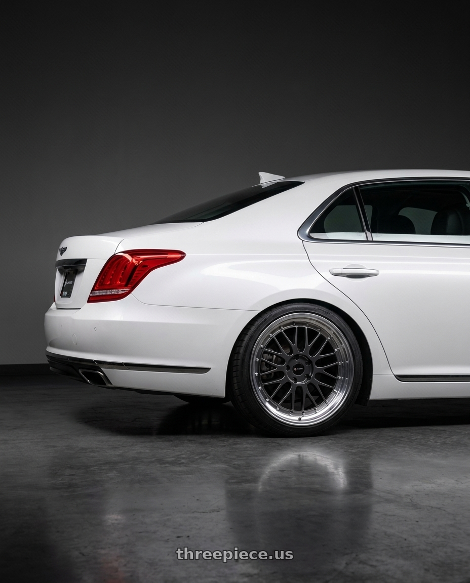 2018 genesis g90 with Vors VR8 5x114.3 20x9.5  +35 Hyper Black Machine Lip Chrome Rivet wheels rear three quarter view square tires