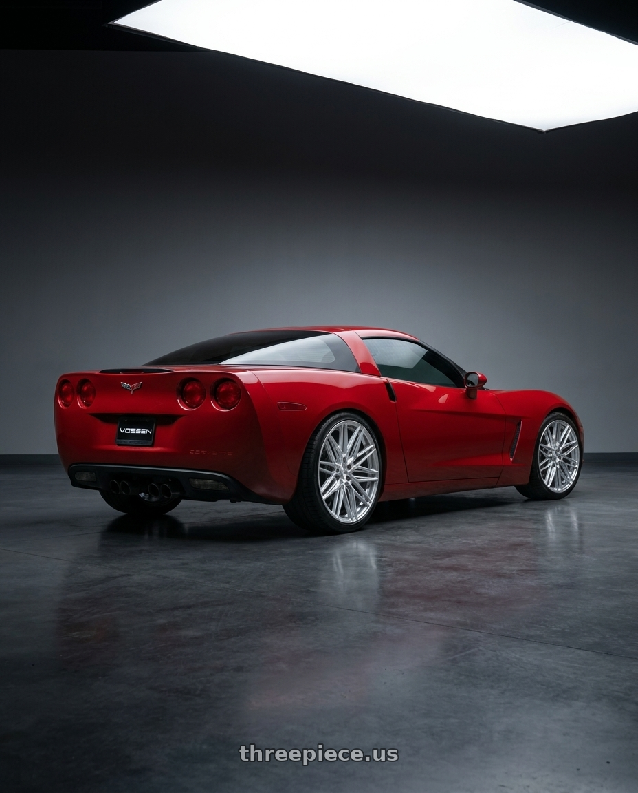 2009 Chevrolet Corvette Base Model with VOSSEN HF6-5 6X135 22x9.5 +20 SILVER POLISHED wheels rear three quarter view slight stretch tires