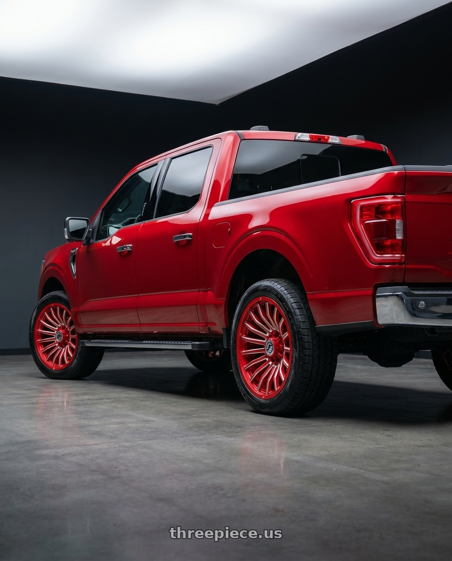 2025 ford f150 XLT supercrew with XF Off-Road XF-231 6x135 / 6x139.7 22x10 -18 Anodized Red & Milled wheels rear three quarter view square tires