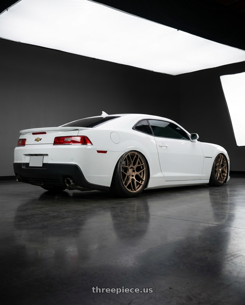 2014 Chevrolet Camaro 5th Gen with Aodhan AFF2 5x120 20x9+30 Matte Bronze wheels rear three quarter view slight stretch tires