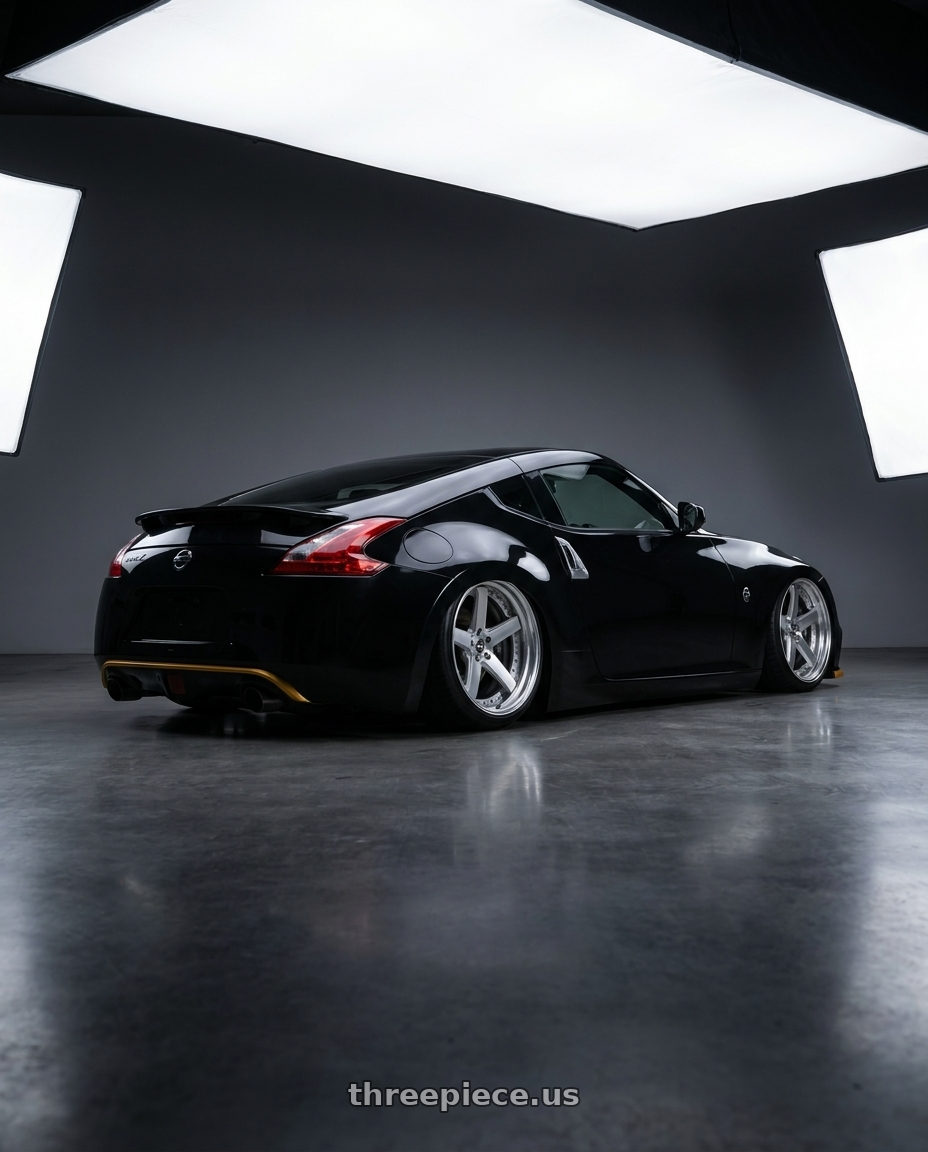 2009 nissan 370z with Work Zeast St2 5x100 19x8+0 H Disk Brush Silver Clear wheels rear three quarter view slight stretch tires