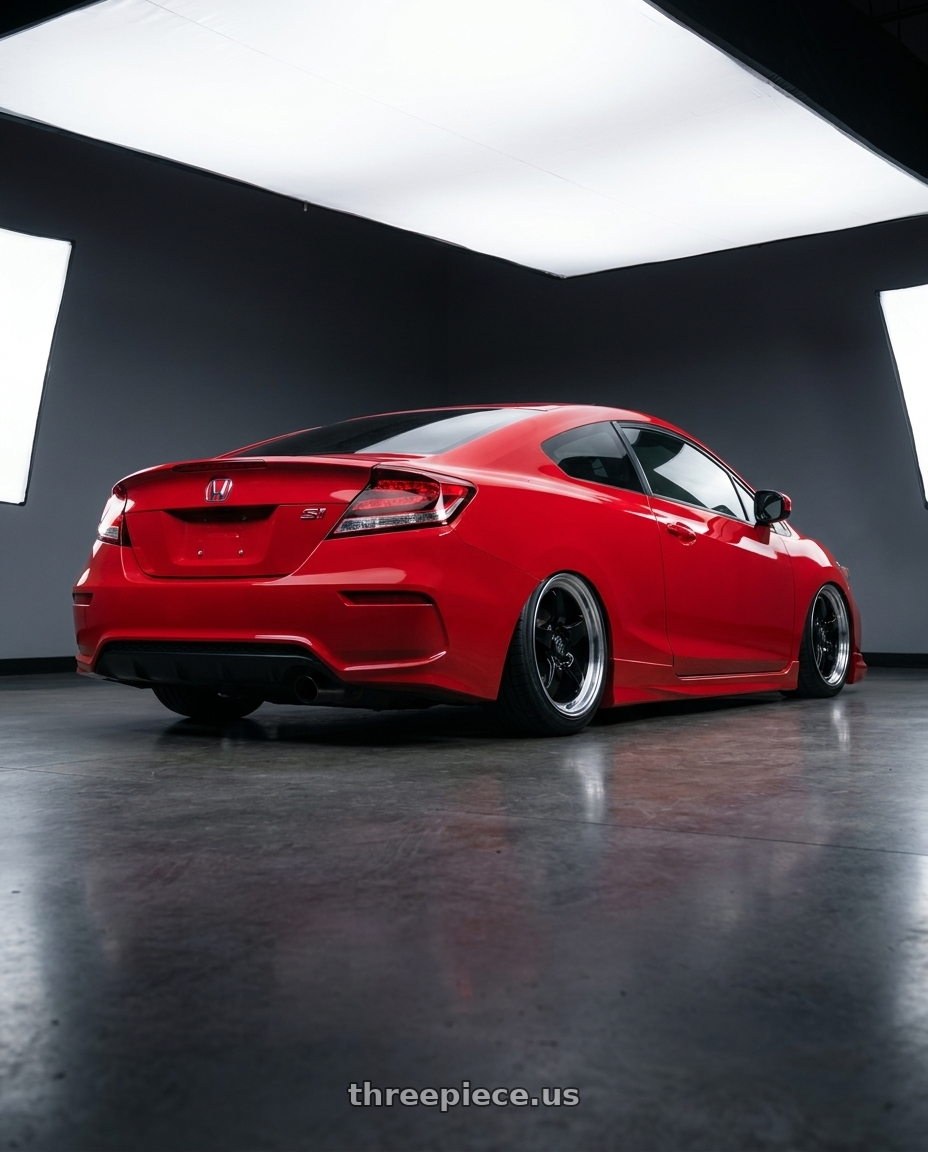 2015 Honda Civic Si with Forgestar D5 Drag 5x114.3 17x5 -21 Gloss Black Machined wheels rear three quarter view slight stretch tires