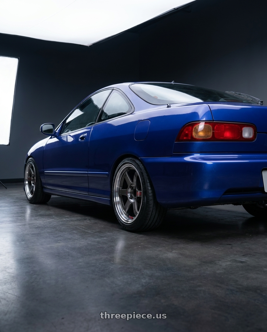 1998 acura integra with Volk Racing TE37 SONIC SL 4x100 16x6+41 Pressed Graphite wheels rear three quarter view slight stretch tires
