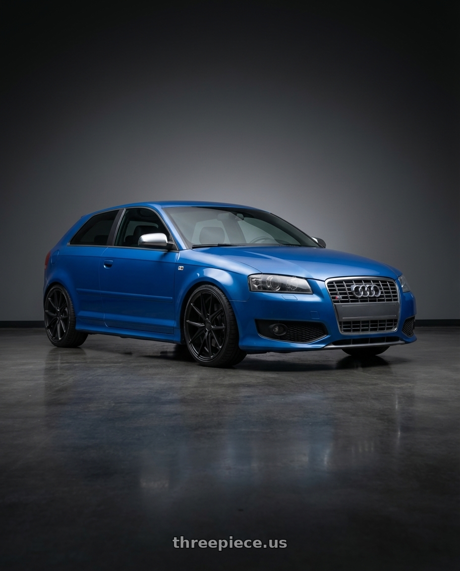 2019 Audi S3 8V with Niche 1PC M117 MISANO 5X112 18X9.5 +35 MATTE BLACK wheels front three quarter view lowered stance