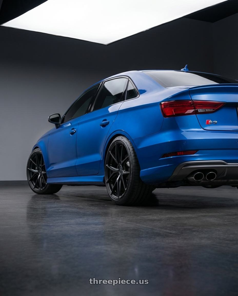 2019 Audi S3 8V with Niche 1PC M117 MISANO 5X112 18X9.5 +35 MATTE BLACK wheels rear three quarter view square tires