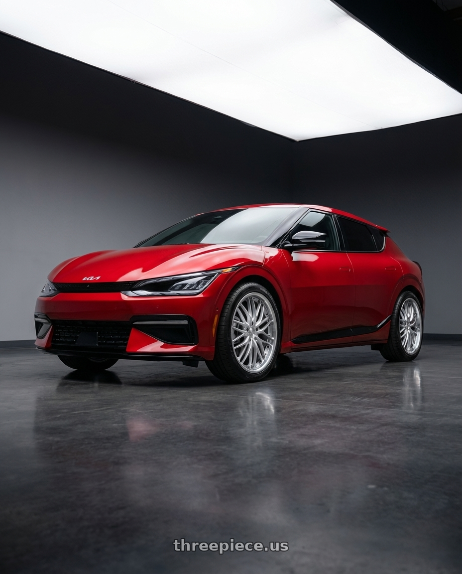 2024 kia ev6 with MRR GT1 5x114.3 20x8.5  +35 Hyper Silver Machine Lip wheels front three quarter view stock stance