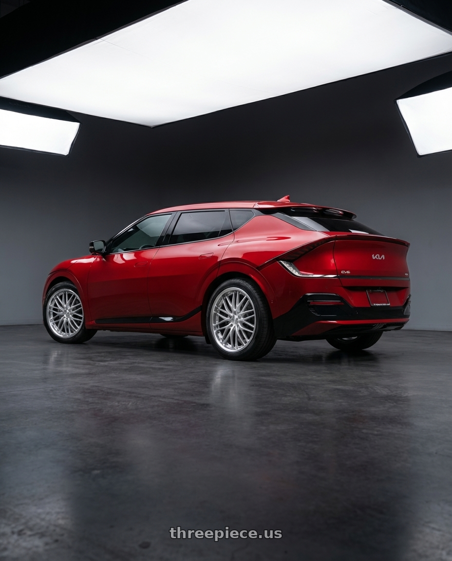 2024 kia ev6 with MRR GT1 5x114.3 20x8.5  +35 Hyper Silver Machine Lip wheels rear three quarter view square tires