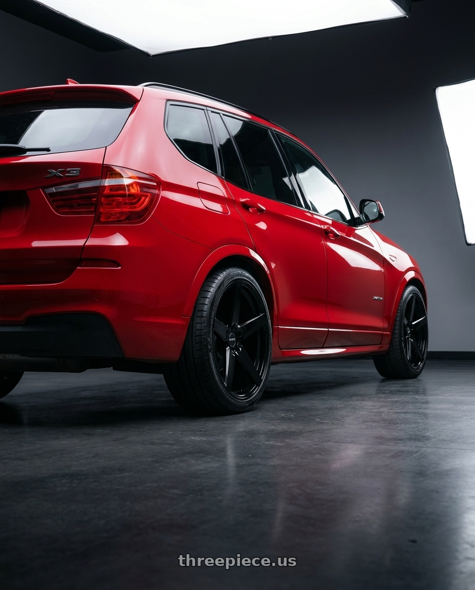 2017 x3 Msport with RAVETTI M13 5X120 20x10 +40 FULL GLOSS BLACK wheels rear three quarter view slight stretch tires