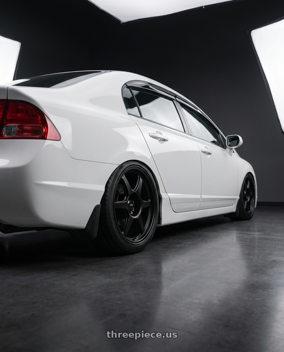 2007 honda civic ex with Konig Hexaform 5x114.3 17x8+38 Matte Black wheels rear three quarter view square tires